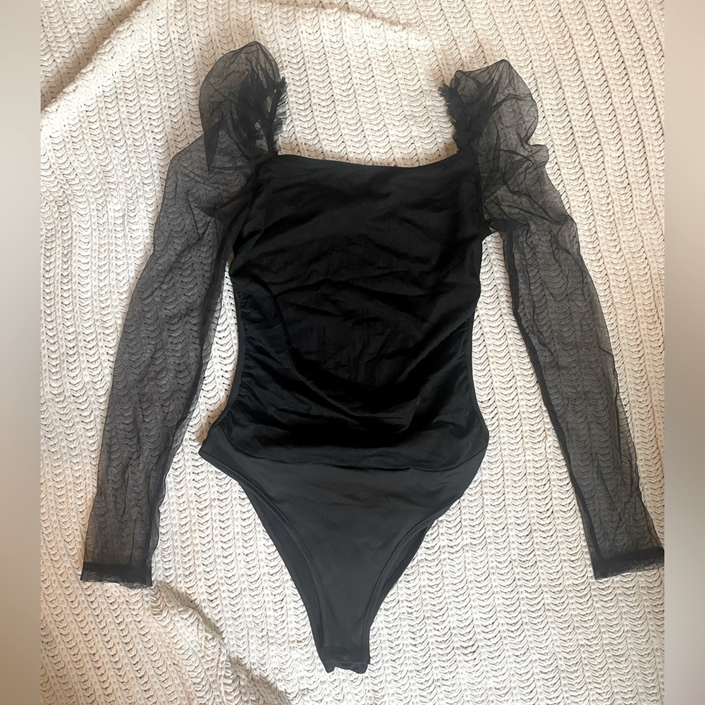 Black Puff Shoulder Ruched Black Body Suit
